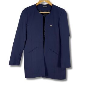 Massimo Dutti Long Open‎ Blazer Jacket Collarless Navy Womens Size EU 38 US 6